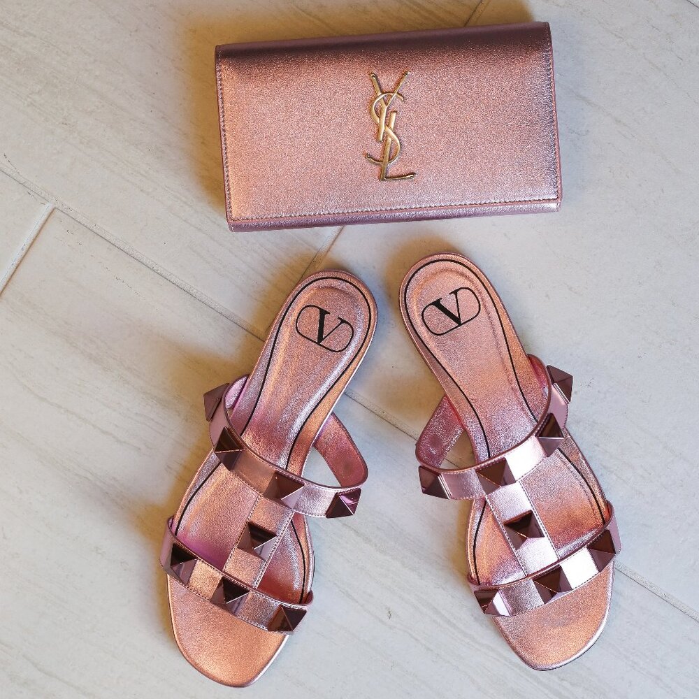 Pink Metallic Valentino Garavani Roman Stud Slip-On Sandals